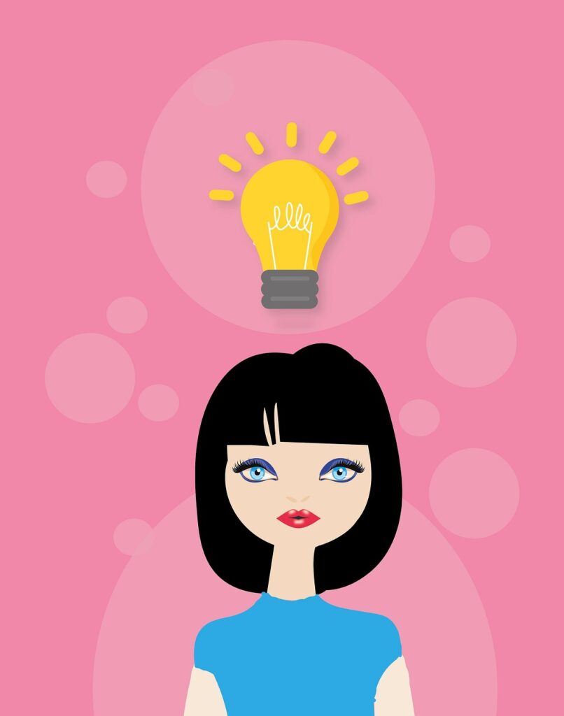 woman, girl cartoon, incidence, lightbulb, creative, creativity, idea, energy, electricity, light